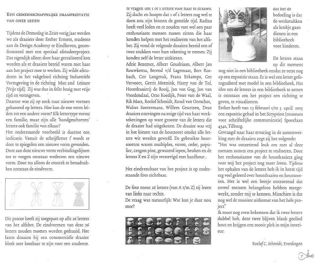 Artikel over het 3-dimensionaal alfabet -Letterkrukjes- van Esther Ermers in AktieRadius 45 (2005 maart), kwartaaluitgave van Radius Nederlandse Vereniging van Houtdraaiers