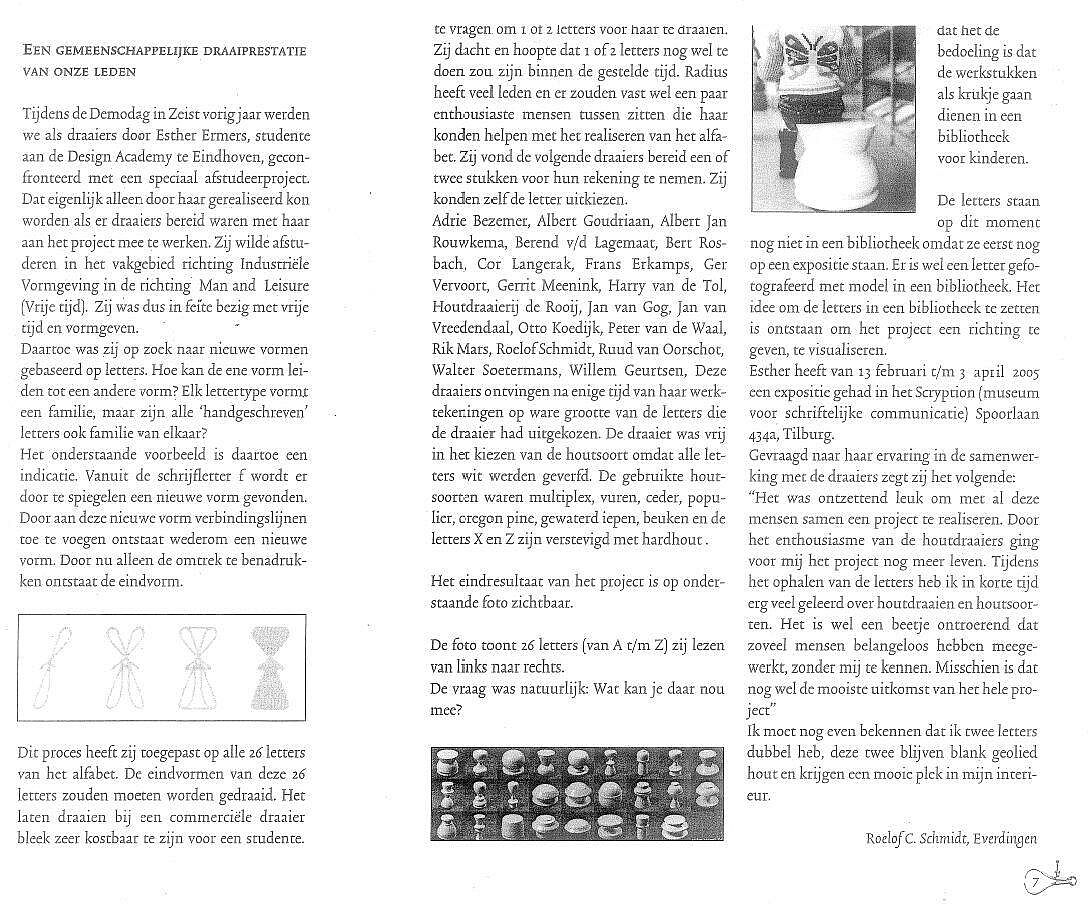 Artikel over het 3-dimensionaal alfabet -Letterkrukjes- van Esther Ermers in AktieRadius 45 (2005 maart), kwartaaluitgave van Radius Nederlandse Vereniging van Houtdraaiers